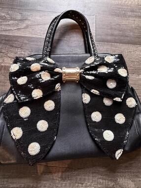 Betsey Johnson Black Polka Dot Sequin Bow Tote Bag